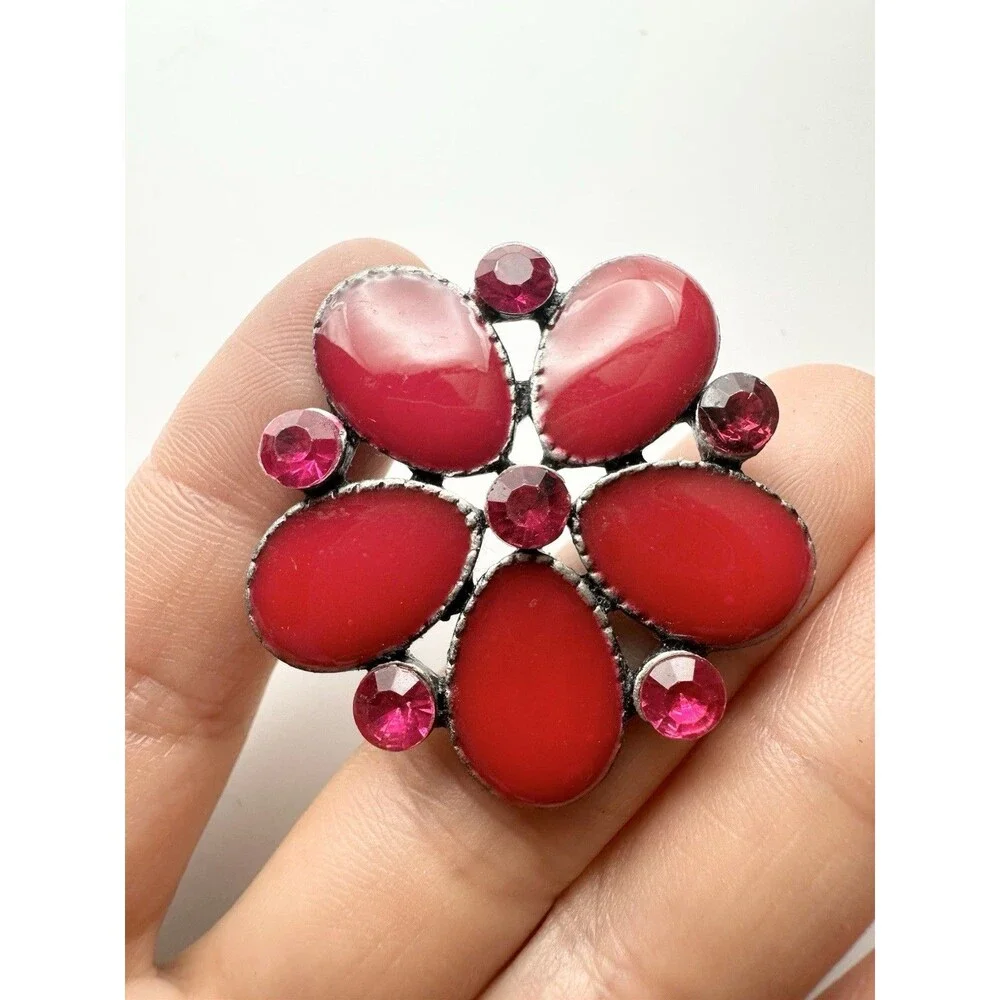 Red Enamel Flower Rhinestone Pin Brooch